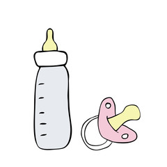 Vector illustration of milk bootle and dummy on white background. Symbol of sleep and goodnight for babys