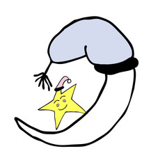 Moon with sleepyhead and star standing on the moon, having a sleepyhead on and loughing. Symbol for bedtime and sleep