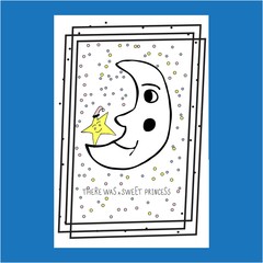 Gift card with smiling moon and star standing on the moon and loughing on white background with dots, frame and text