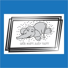 Good night card with smiling sleeping grey elefant on white background with dots and frame
