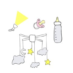 Vector illustration of coloured milk bootle, dummy, pending mobile and flashlight on white background. Symbol of sleep and goodnight for babys