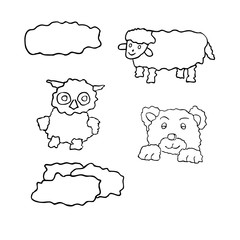 Vector illustration with owl, bear, sheep, clouds on white background. Symbol for bedtime and sleep