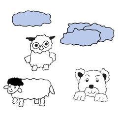 Vector illustration with black and white owl, bear, sheep, clouds on white background. Symbol for bedtime and sleep