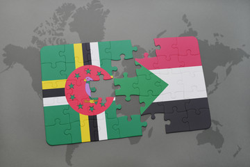 puzzle with the national flag of dominica and sudan on a world map