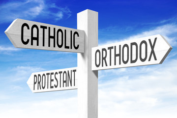 Religion concept - wooden signpost