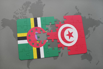 puzzle with the national flag of dominica and tunisia on a world map