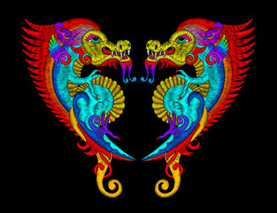embroidery stitches style, embroidered design elements of dragon