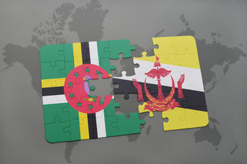 puzzle with the national flag of dominica and brunei on a world map