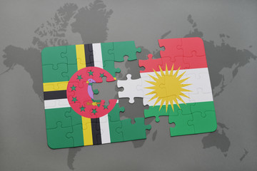 puzzle with the national flag of dominica and kurdistan on a world map