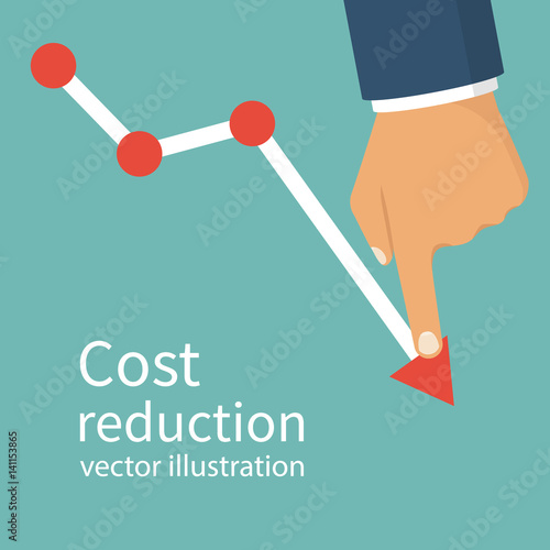 "Cost reduction concept. Cost down. Businessman with his hand lowers