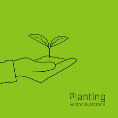 Planting sapling isolated icon line on green background. Man farmer, gardener hold sprout in hand. Care and environmental development template. Ecology concept. Vector illustration.