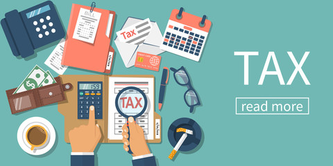 Tax payment. Data analysis, paperwork, financial research, report. Businessman calculation tax. Flat design vector illustration. Form pay ment of debt. Calculation return. Magnifying glass in hand.