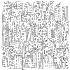 Pattern for coloring book with artistically city houses.