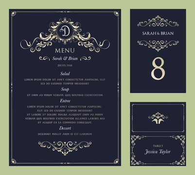 Ornate vintage vector templates set. Wedding menu, table number and name place card design.