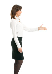 Businesswoman giving hand for handshake, on white