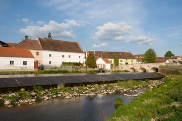Obraz premium Historic buildings in village Putim, southern Bohemia, Czech republic