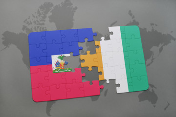 puzzle with the national flag of haiti and cote divoire on a world map