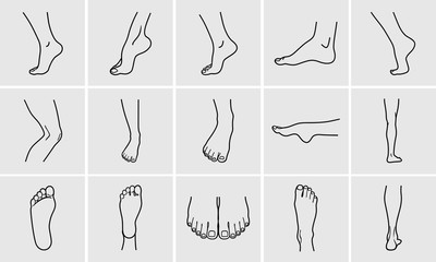 Human body parts. Foot care Icons Set. Vector illustrations line art pack of human feet in various gestures.