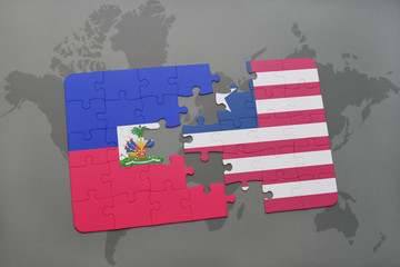 puzzle with the national flag of haiti and liberia on a world map