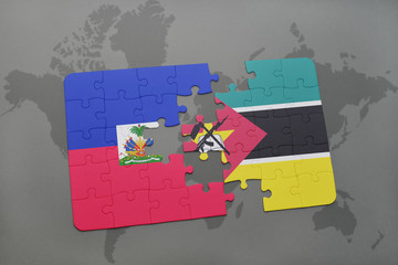 puzzle with the national flag of haiti and mozambique on a world map
