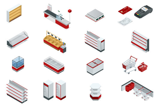 Vector Isometric Set Elements For Super Market Interior Plan. Store Shelves, Cart, Basket, Equipment Store, Payment Systems In Flat Style Isolated On White Background For Your Design