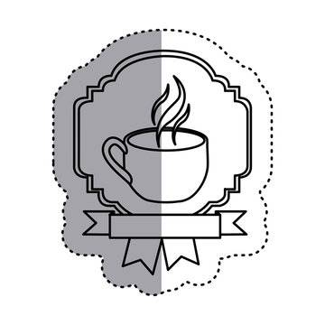sticker silhouette border heraldic decorative ribbon with cup and smoke coffee vector illustration