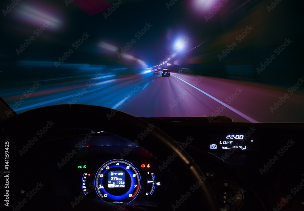 Wall mural car moving on highway at night