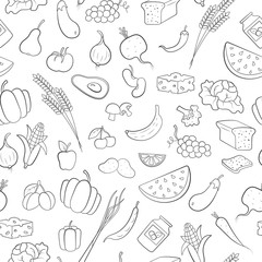 Seamless pattern on the theme of vegetarianism, grocery icons, simple outline black icons on a white background