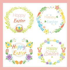 Happy easter hand drawn badge with hand lettering greeting decoration element and natural wreath handmade style vintage symbol spring flower vector illustration.