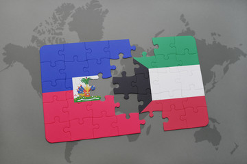 puzzle with the national flag of haiti and kuwait on a world map