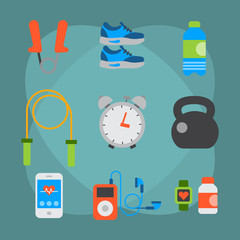 Flat icons set of fitness sport equipment and healthy lifestyle exercise supplements well-being body modern design style vector icons collection.
