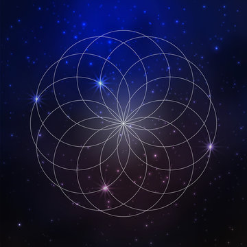 Space background with stars and sacred geometry pattern, flower of life