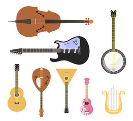 Fototapeta premium Set of stringed musical instruments classical orchestra art sound tool and acoustic symphony stringed fiddle wooden equipment vector illustration