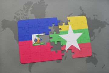 puzzle with the national flag of haiti and myanmar on a world map