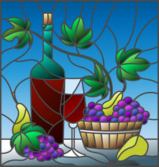 Fototapety  Ilustracja w malarstwie witrażowym z martwą naturą, butelką wina, kieliszkiem i winogronami na niebieskim tle