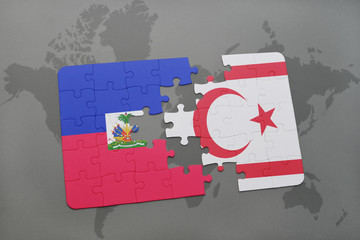 puzzle with the national flag of haiti and northern cyprus on a world map