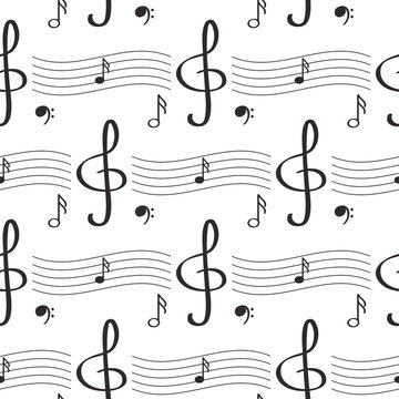 Seamless pattern with notes, treble clef, stave. Musical background.