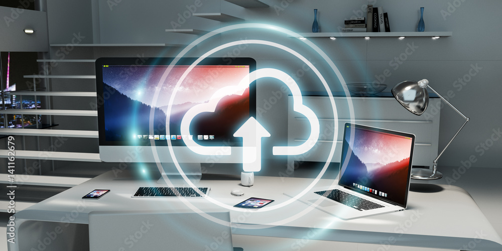 Poster workplace with modern hologram cloud icon 3d rendering