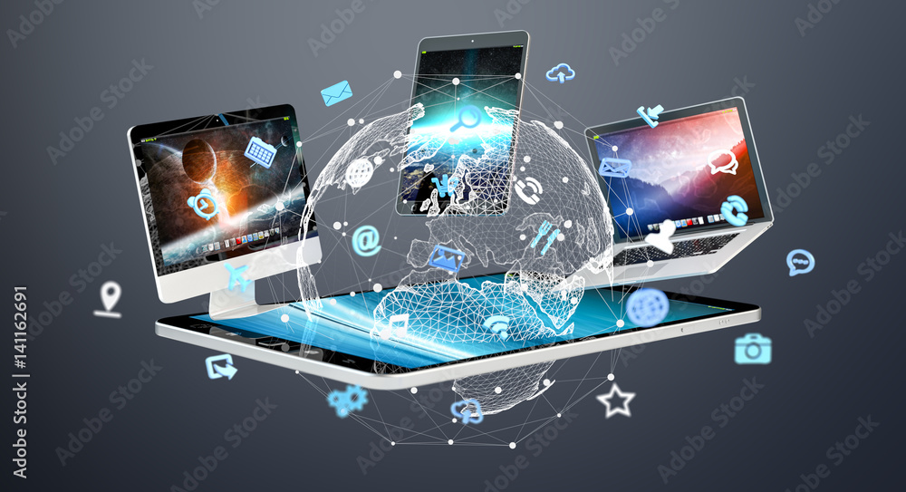 Fototapete Tech devices with icons and graphs flying 3D rendering