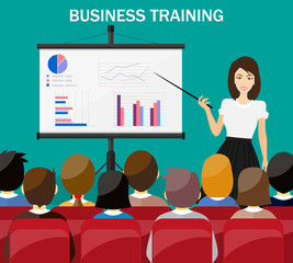 Businesswoman making presentation explaining charts on a white board. Flat style vector illustration