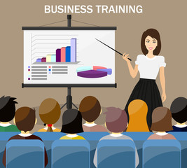 Businesswoman making presentation explaining charts on a white board. Flat style vector illustration