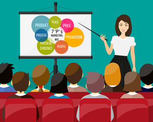 Businesswoman making presentation explaining charts on a white board. Flat style vector illustration
