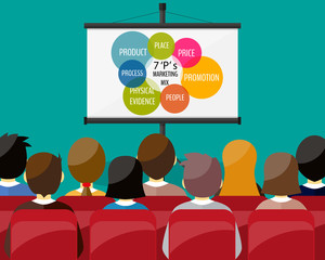projector screen with marketing mix. Training staff, meeting, report, business school.