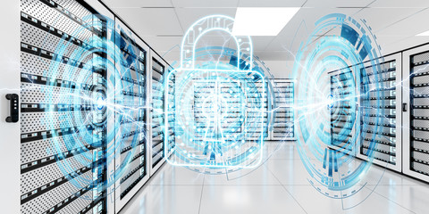 Firewall activated on server room data center 3D rendering