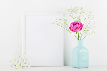 Mockup of picture frame decorated rose flower in vase on white background with clean space for text...