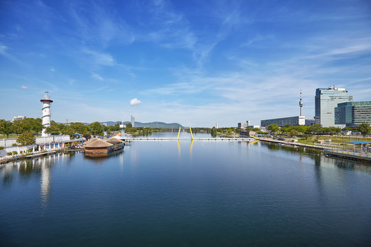 Wide angle view of Danube River in Vienna, Austria