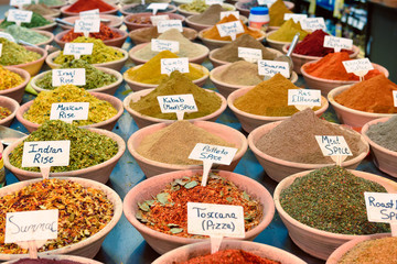 Closeup with a wide variety of spices at the market of Jerusalem in Israel.