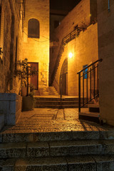 Night street with stairs in Jerusalem Old City, Israel.