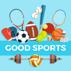 Set of sport balls and gaming items at a blue background. Healthy lifestyle tools, elements. Inscription GOOD SPORTS. Vector Illustration. - obrazy, fototapety, plakaty