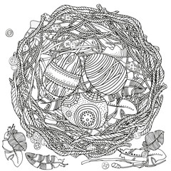 Bird's nest with eggs. Easter eggs.